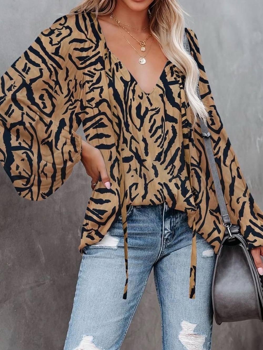 Tan and Black Tiger-Print V-Neck Blouse with Tie